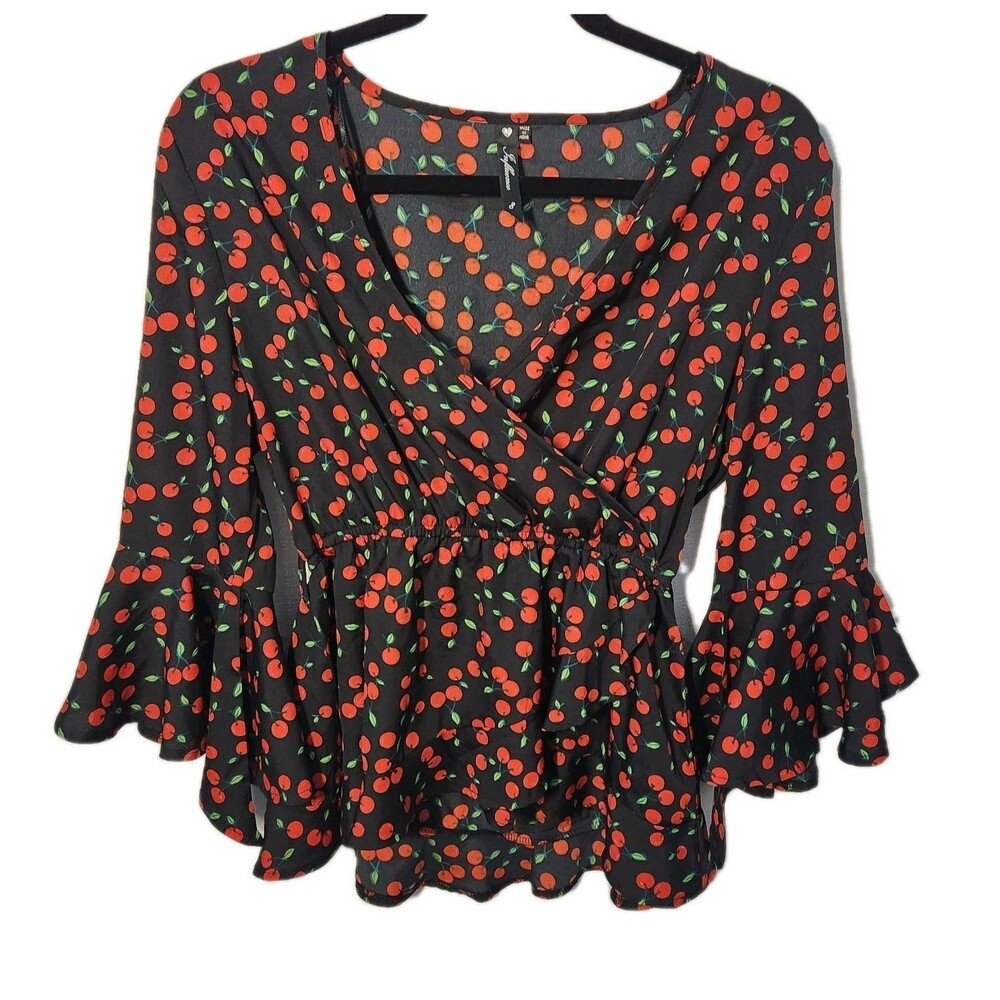 Influence Y2K Cherries Ruffle Bell Sleeve Coquette Boho Garden Fairy Blouse SZ 4